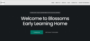 Screenshot of the Blossoms Daycare website homepage, featuring a welcoming banner with children playing and a navigation menu for About Us, Services, Blog, and Contact Us pages.